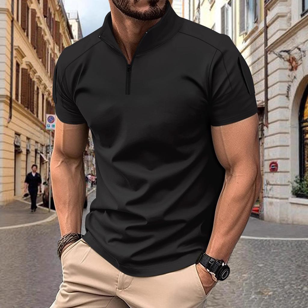Men's T-shirt: Summer Casual Tactical Training Style with Patch Pockets on the Sleeves, Stand-up Collar, Plain Colour, Short-sleeved Polo Shirt