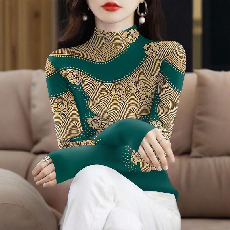 Plus Velvet Thickened Long Sleeve High Collar Printed Top for Middle-aged & Elderly Women – Tummy Covering, Spring/Autumn Fashion