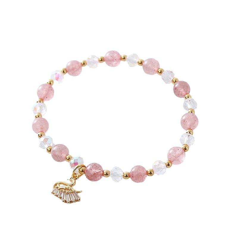 Natural Strawberry Crystal Bracelet Cute Swan Pink Jewelry Bangles Women Fashion Jewelry Accessories Gift