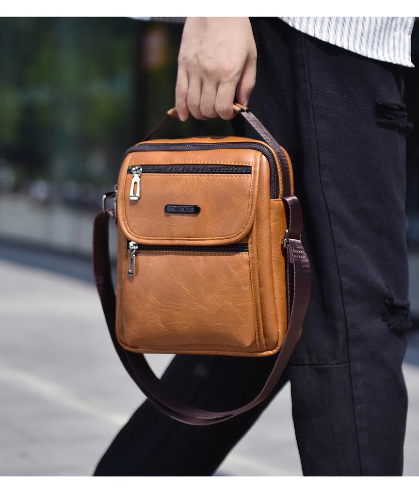 Mens Vintage Fashion Sling Bag Large Capacity Solid Pu Leather Message Bag One Shoulder Bag with Handle