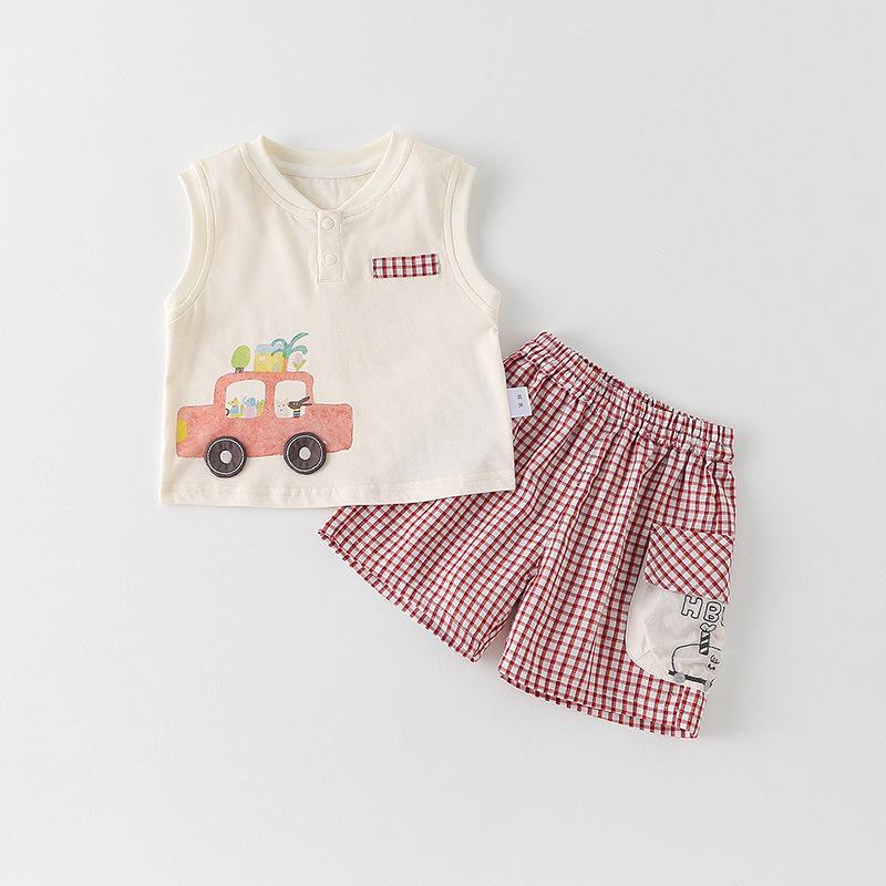 Cartoon Car Print Cotton Vest & Plaid Shorts Set for Infant and Toddler Boys 90 cm