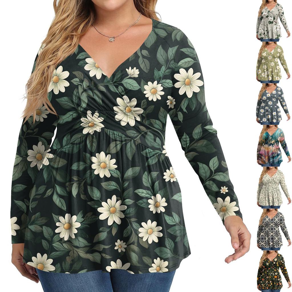 Women's Plus Size Shirt Long Sleeve  Print Top Pleated Casual V-Neck Top