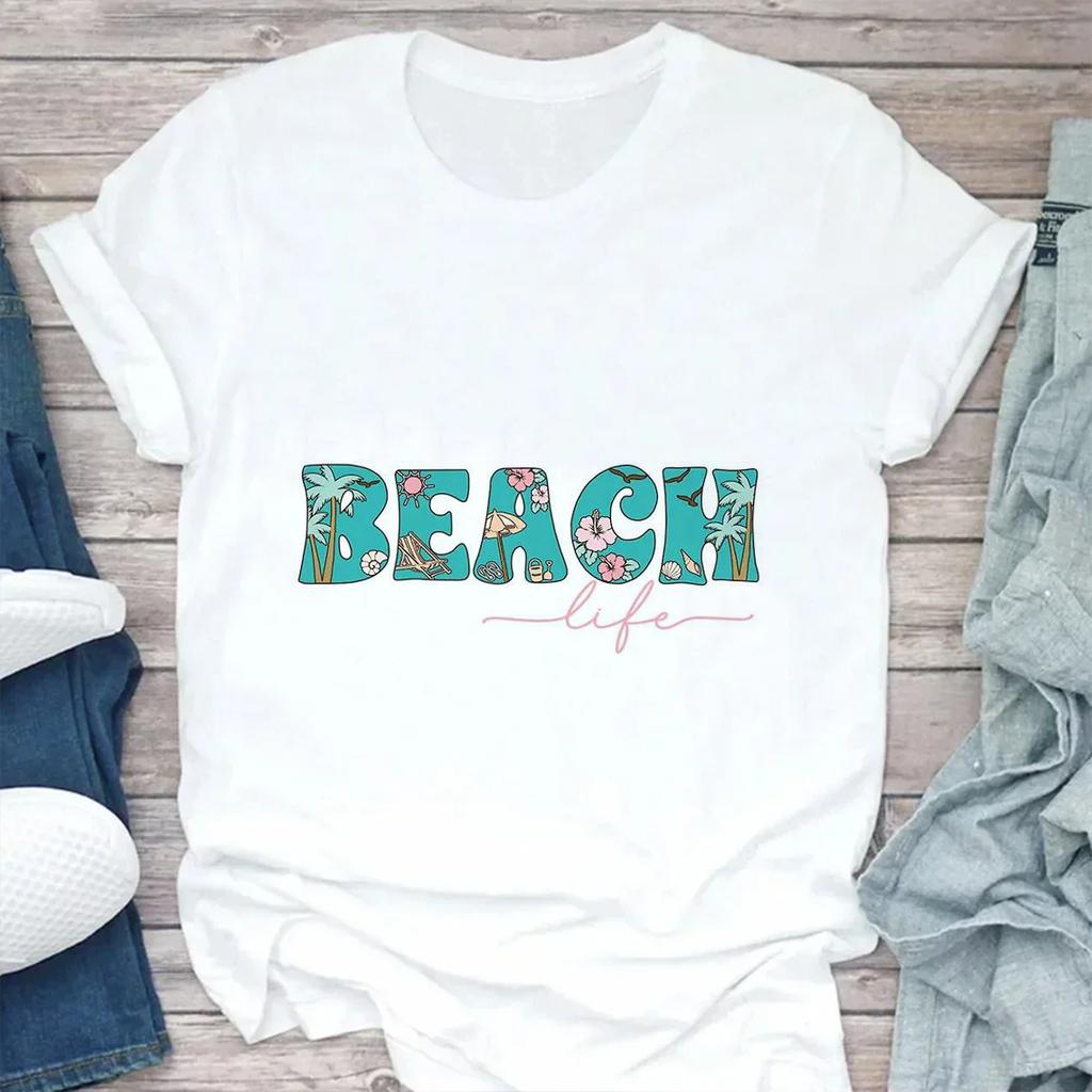 Fashion Women's T-shirt Summer Beach Print Cute Short Sleeve Ladies Fashion Casual Summer Women's T-shirt Graphic