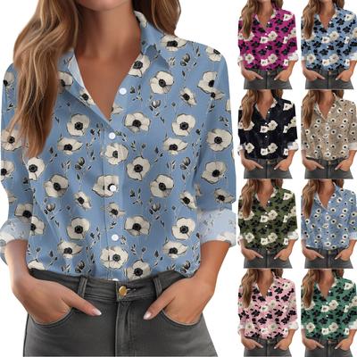 Women's Shirt With Floral Print Buttons, Long Sleeved Casual Regular Shirt Collar Top