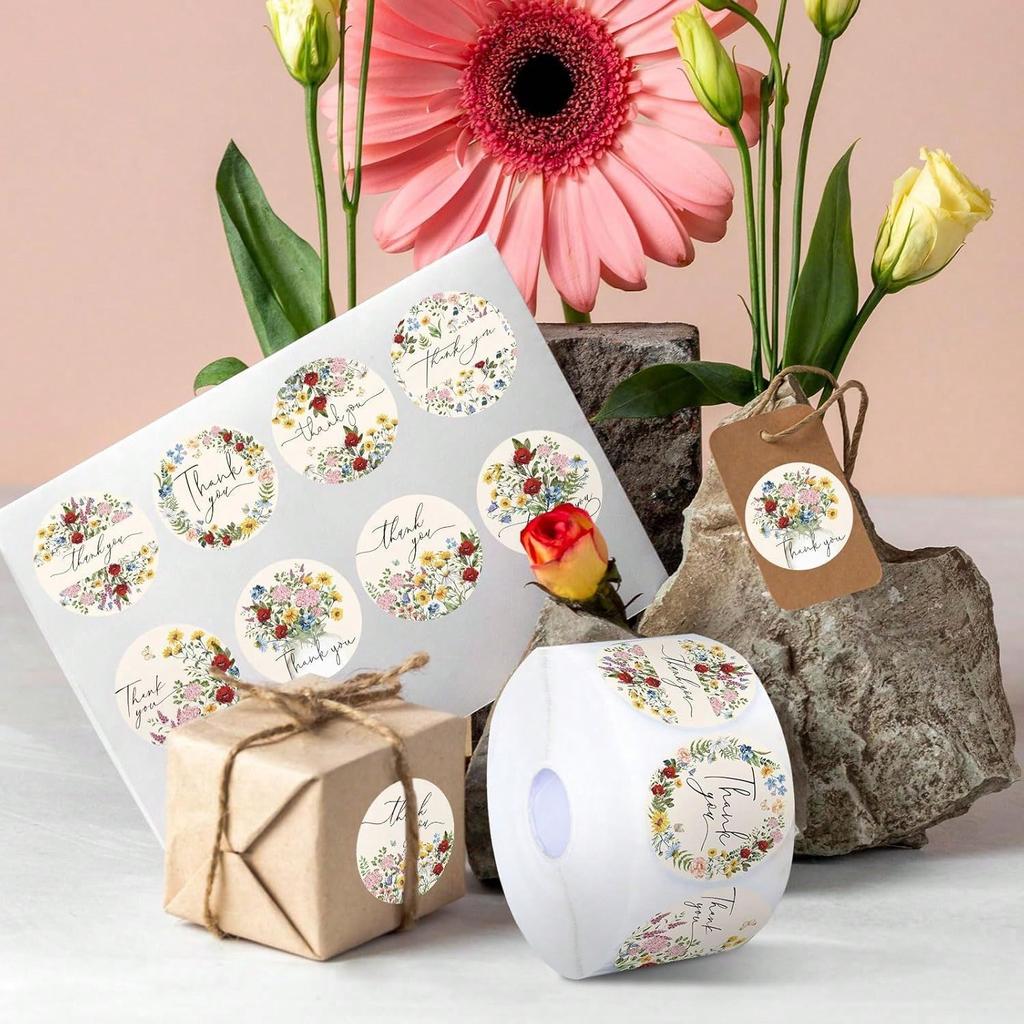 500 pieces of round small floral thank-you graffiti roll stickers for DIY decorative sealing stickers, PVC self-adhesive labels, 1 inch in size