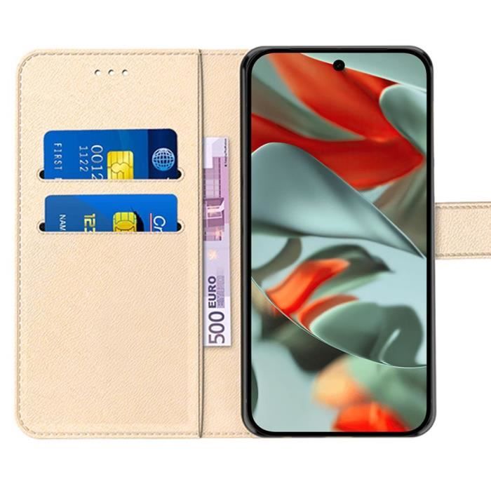 Coque Intégrale pour Google Pixel 9 Pro XL - Protection Effet Cuir Doré avec Support et Porte-Carte