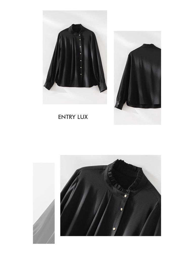 Women's 19 Momme Stretch Double Georgette Silk Ruffle Shirt, Long Sleeve, French Light Luxury, Casual, New Spring Collection