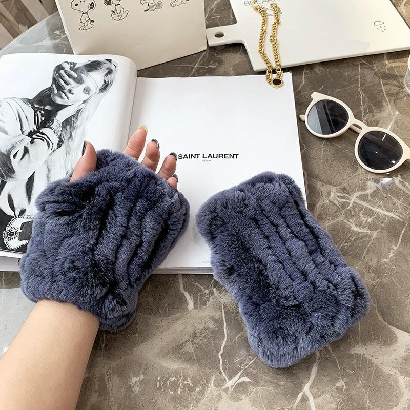 

Зимние перчатки из меха кролика рекс, милые плюшевые перчатки из меха кролика, теплые перчатки без пальцев, эластичный манжет average size темно-синий