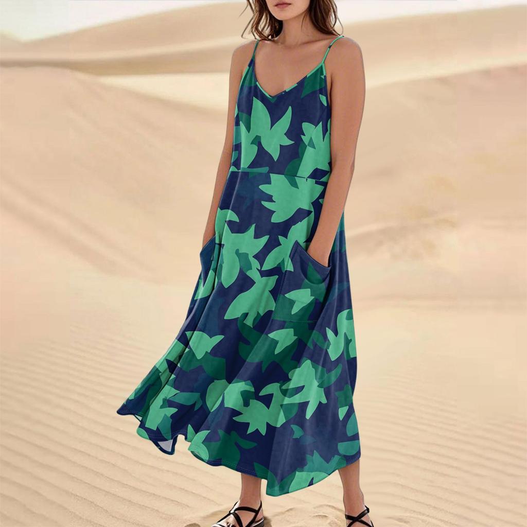 Women's Fashion Casual Floral Print Sleeveless Pocket Long Beach Dress