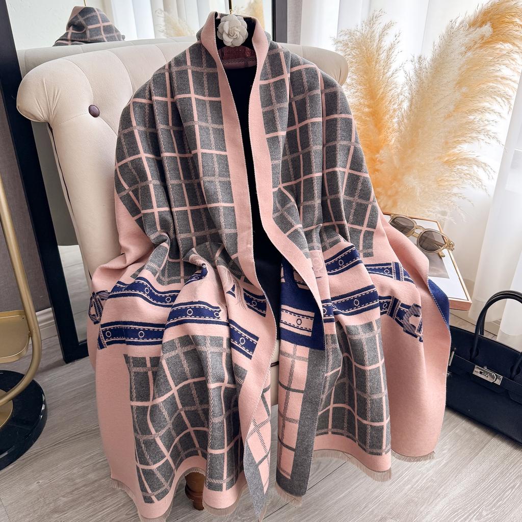 Luxury Women's Thick Faux Cashmere Scarf - Winter Warm Vintage Plaid & Warhorse Print Soft Shawl for Travel & Daily Wear