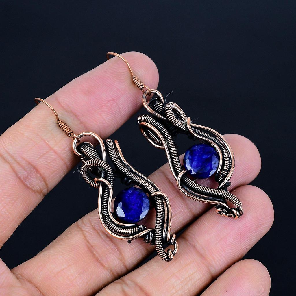 Blue Sapphire Earrings, Gemstone Handmade 999 Copper Wire Wrap Jewelry Earrings, For Memorial Gift