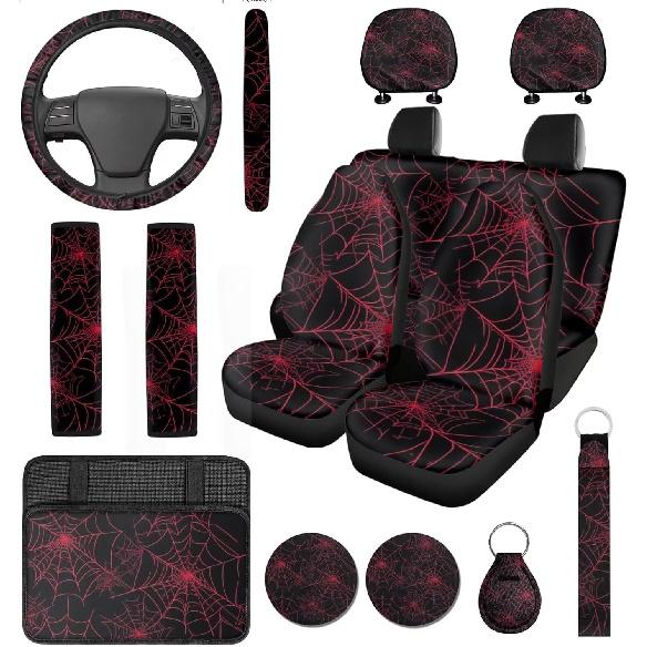 Red Spider Web Car Seat Covers with Steering Wheel Cover,Armrest Cushion,Seat Belt Covers Cup Holder with Keychain,Automotive Protector Set Unverisal