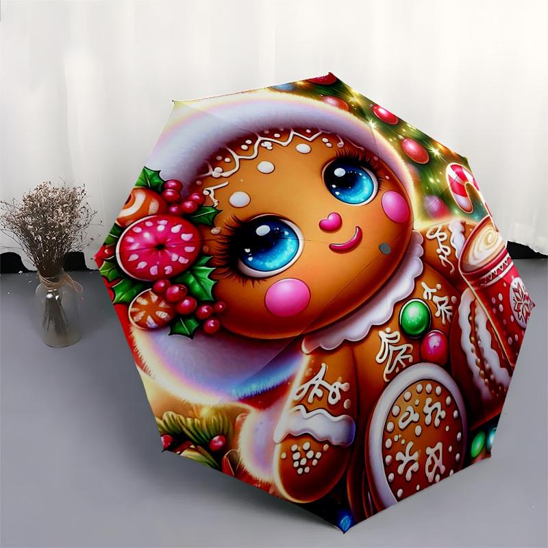 1pc Gingerbread Man Christmas Ornament with Candy Cane Mug, Automatic Opening Folding Umbrella, Portable 3-Fold Design, 8-Bone Iron Frame Outdoor Umbr