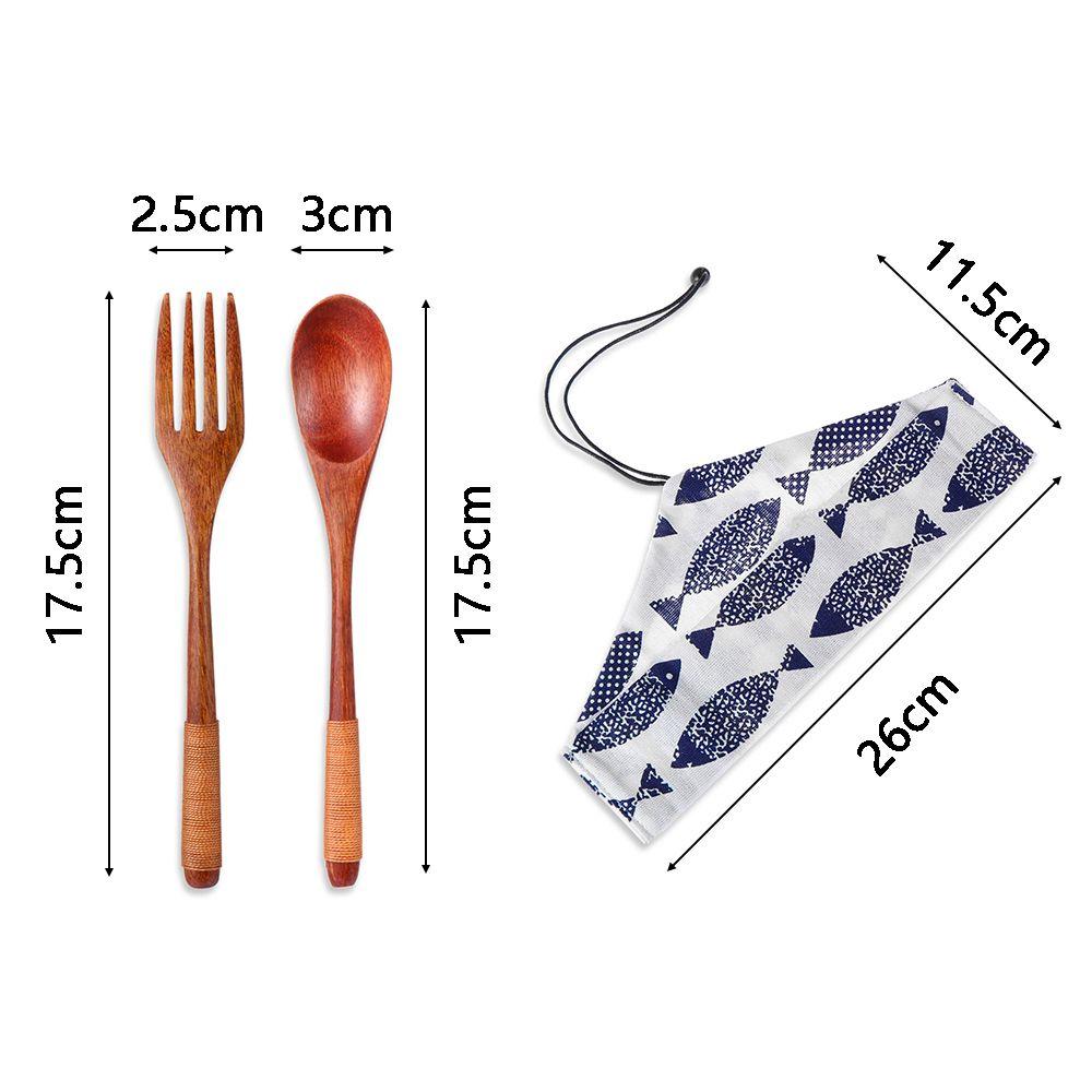 Kitchen Handmade Cloth Bag Portable Spoon Fork Wooden Natural Cutlery Set Tea Scoops