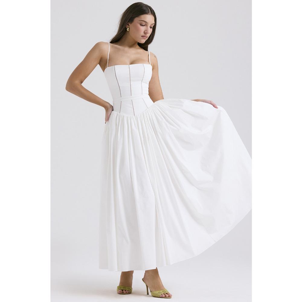 Women s Spaghetti Strap Sleeveless Solid Color Maxi Dress Mid Waist Elegant Casual Dress XS