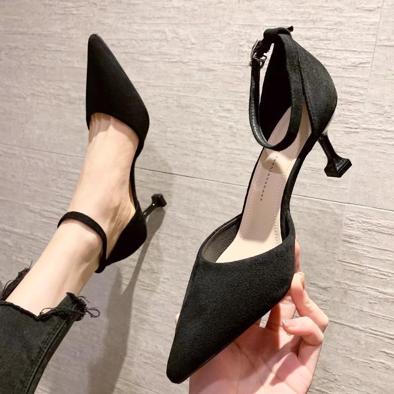 

Женские босоножки на высоком каблуке-стилете 2024 года, новые летние черные профессиональные сандалии с пряжкой в виде одного слова, женские рабочие туфли с острым носком 41 чёрный