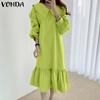 VONDA Women Casual Lapel Long Sleeve Solid Color Dresses