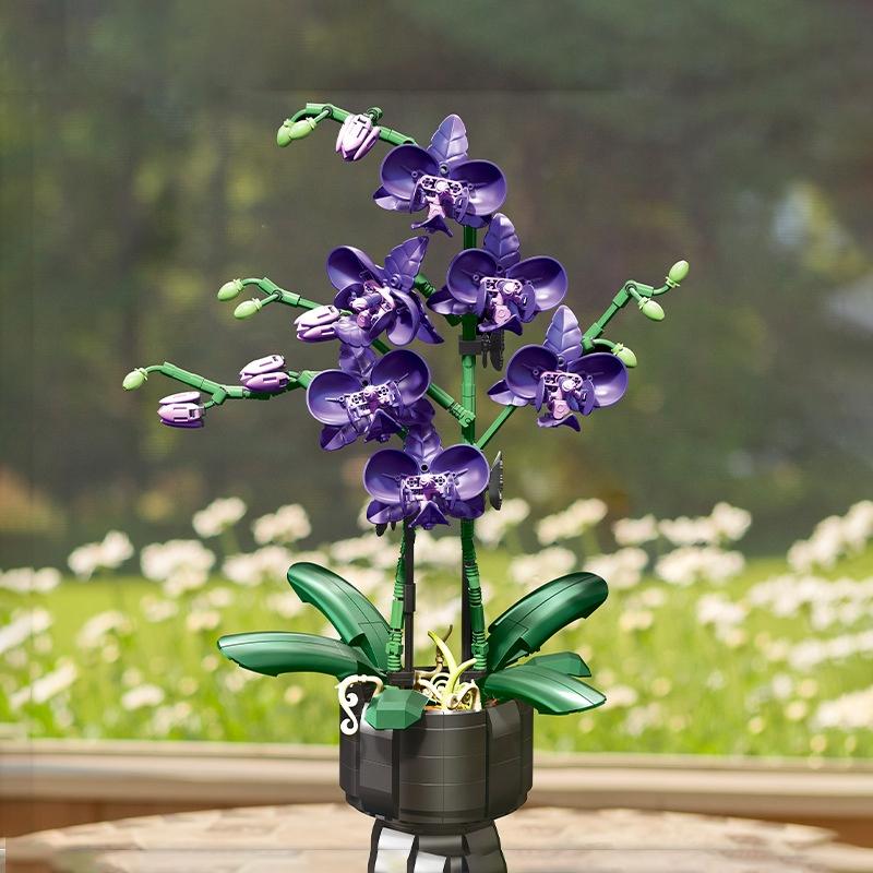 Jj9235 Orchid Purple Charm Plant Flower Creative Bouquet Model Assembly, Girls Building Block Toy Set, Girls Holiday Toy Gift