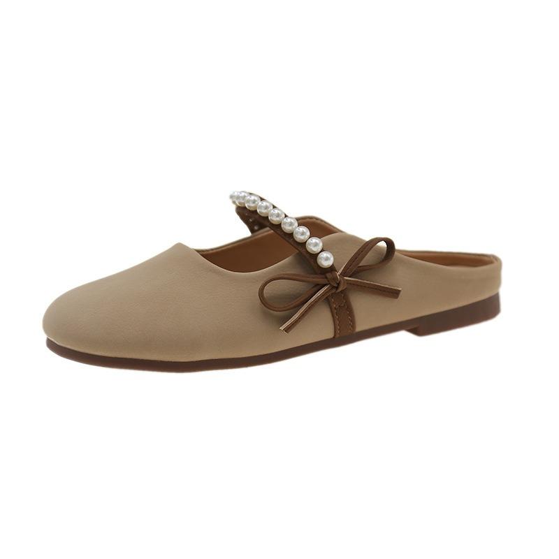 Baotou half slippers women's outer wear summer new pearl bow gentle flat lazy cool slippers
