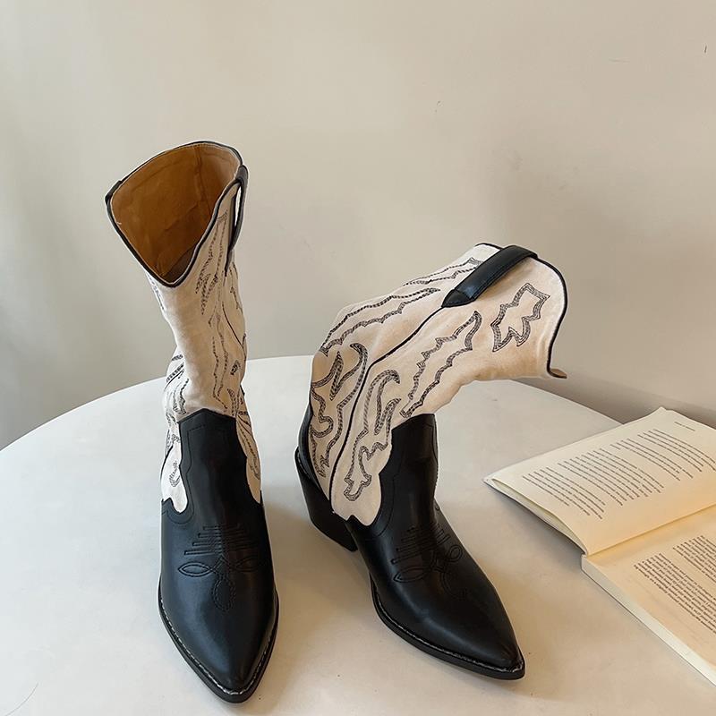 

Ковбойские сапоги в стиле ретро 2025 года, новые летние сапоги на толстом каблуке, тонкие, средние, универсальные, остроносые, подходящие по цвету рыцарские сапоги 40 чёрный