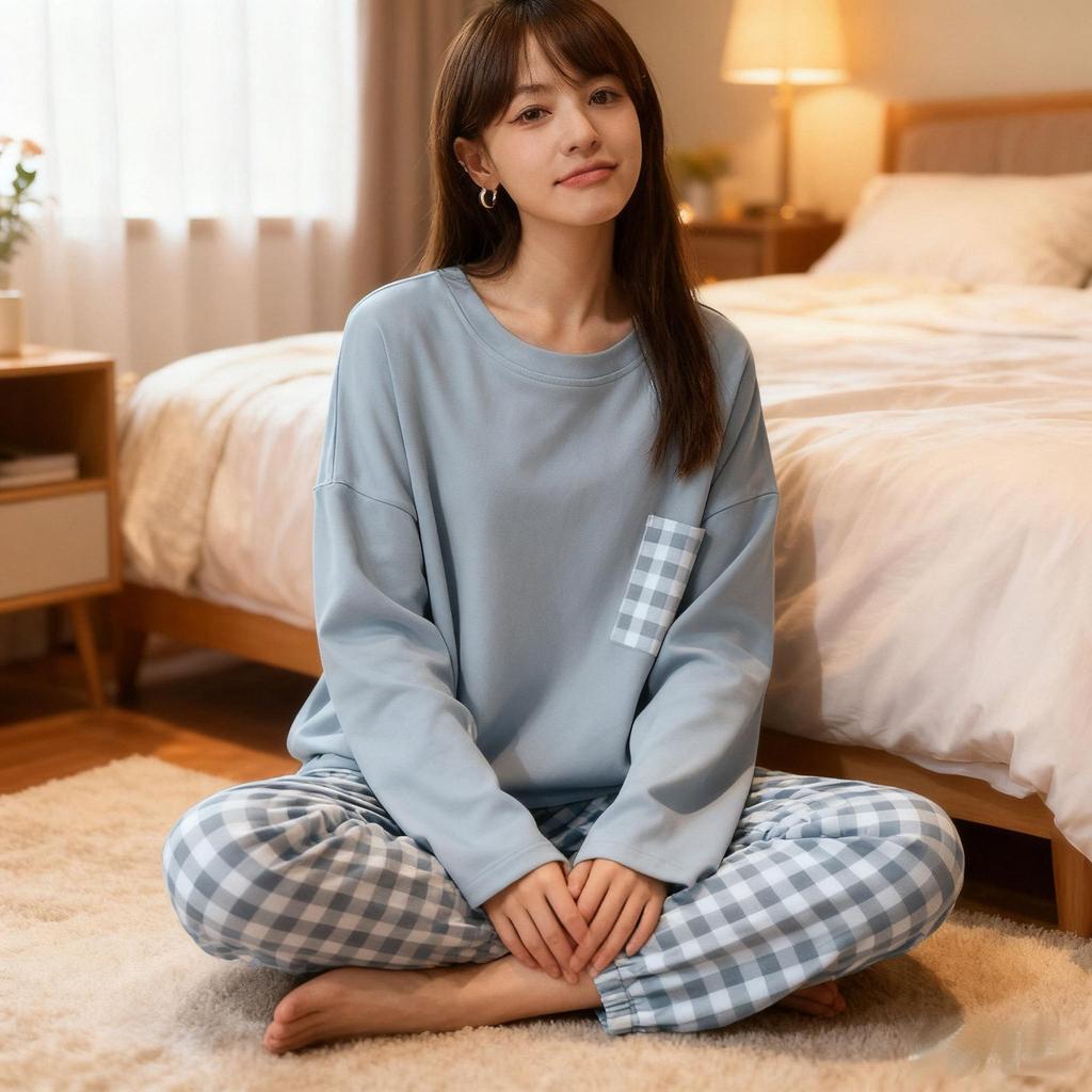 Women's Blue Plaid Long Sleeve Pajamas, Imitation Cotton, Loose & Comfortable, Perfect for Spring/Autumn, Versatile for Home or Outdoors