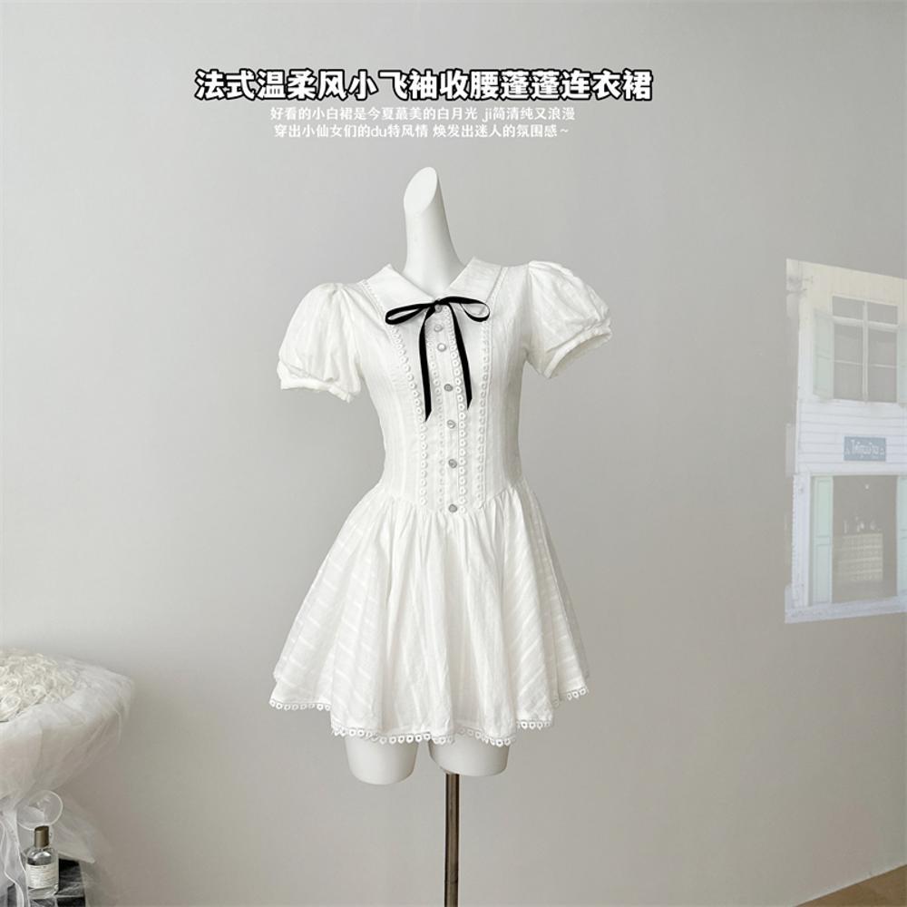 Summer new sweet and spicy beautiful girl preppy style casual temperament women's white dress A-line puffy skirt dress