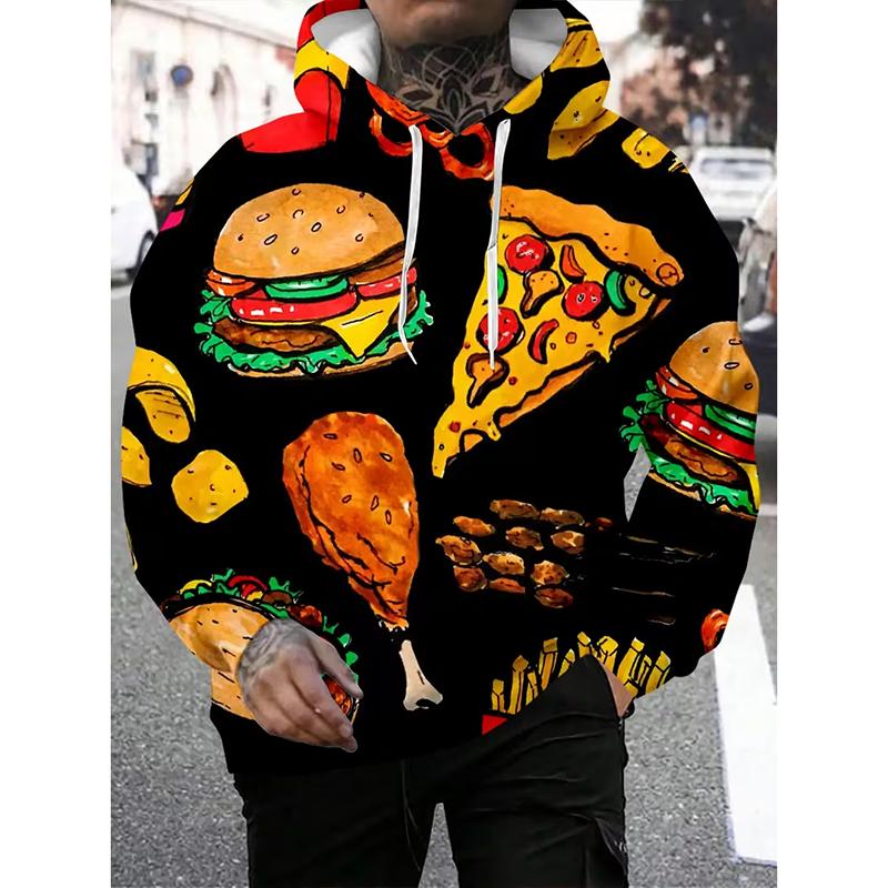 3D Print Hamburgers Pizza Fried Chicken Pattern Hoodie Food Festival Street Personality Hooded Coat Men's Unique Funny Hoodies