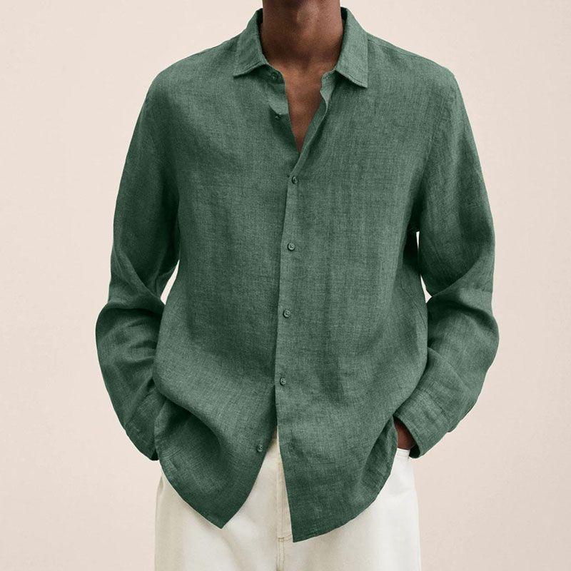 Men's Linen Cotton Long Sleeve Shirt Casual Loose Fit Button Down Collar Breathable Solid Color Summer Tops For Men