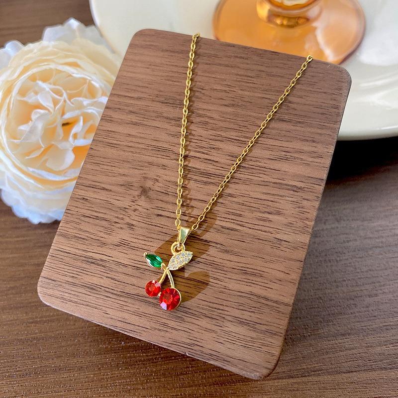 Korean Style Fresh Red Cherry Pendant Titanium Steel Zircon Clavicle Necklace Women Summer Versatile