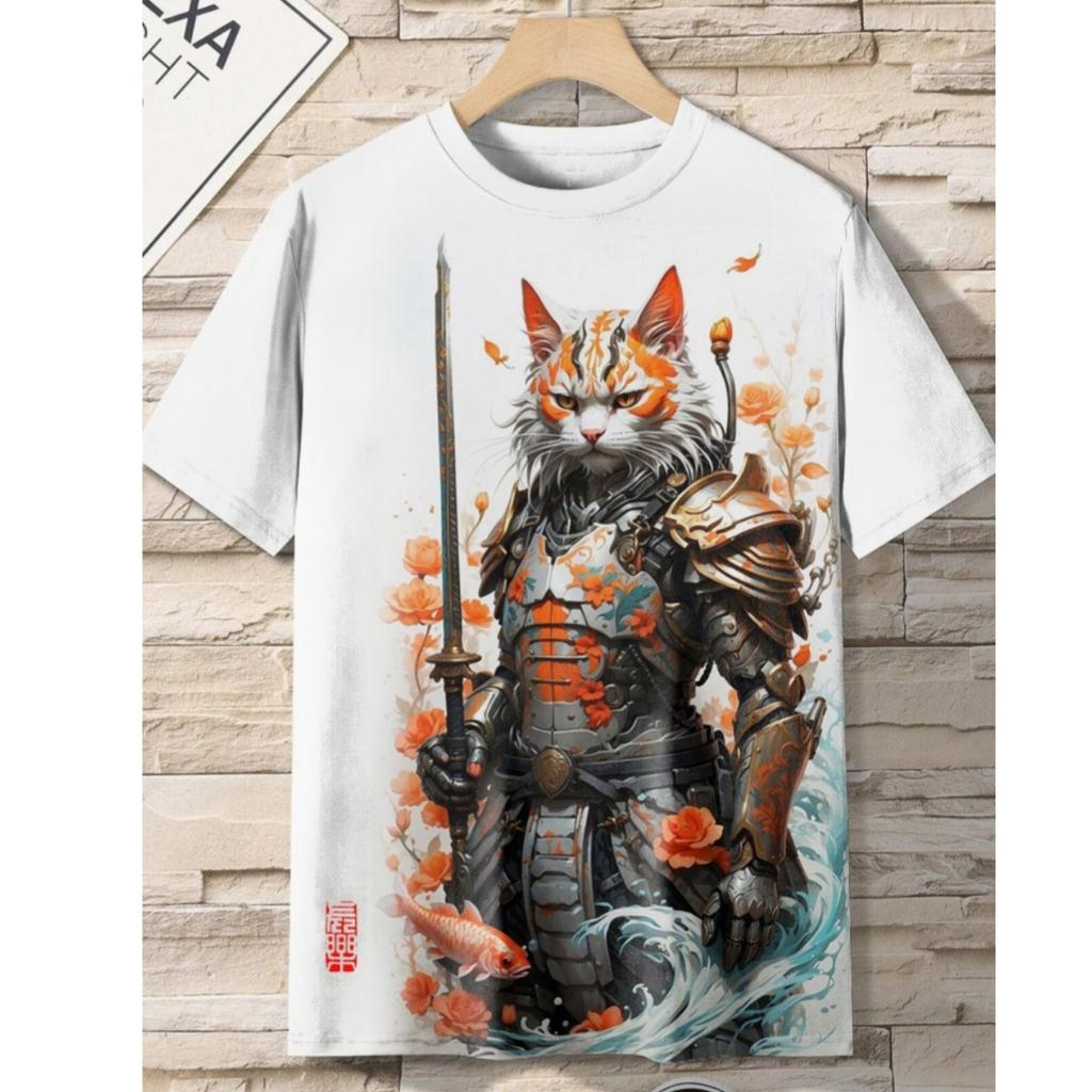 Men's T-Shirt Japanese Style Samurai Cat Graphic 3D Printed T-Shirt Casual Short Sleeved Tee Outdoor Oversized Men Clothing Tops