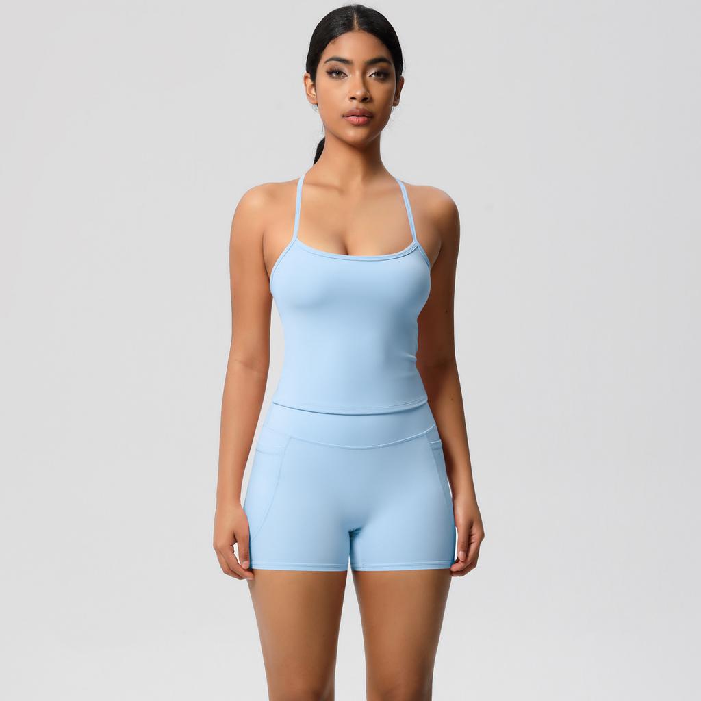 Yungan Eng anliegender Sandstrahl-Schnelltrocknender Yoga-Anzug, Hüfthebende Tasche-Shorts, Zweiteiliges Lauf-Fitness-Set Für Damen