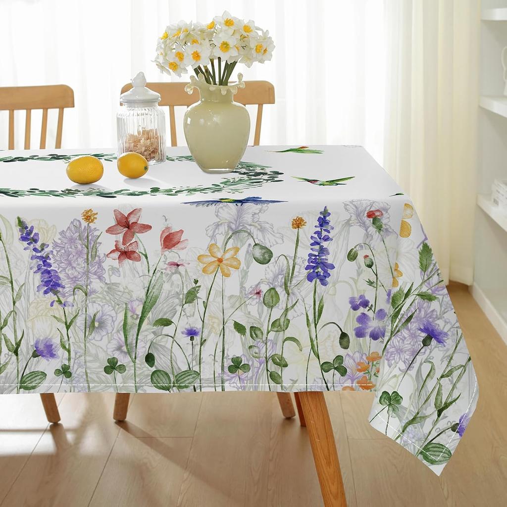 Spring Wildflower Birds Plants Rectangle Tablecloth for Table Decor Farmhouse Kitchen Dining Tablecloth Wedding Party Decoration