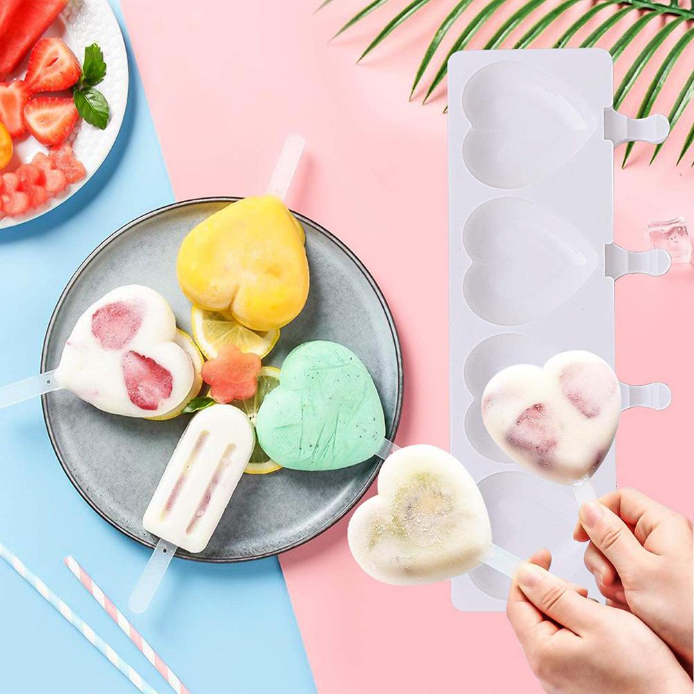 4 Cavities Ice Cream Molds 3D Heart Shape Popsicle Mold Silicone Mold for DIY Ice Cream Puree Yogurt