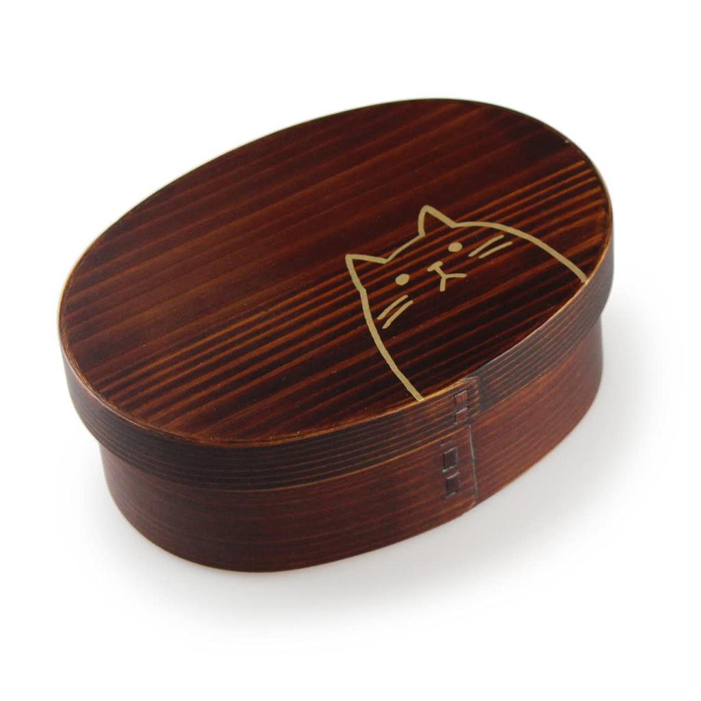 Fujishiro Kogei Magewappa Oval Lunch Box with Cat Finished in Japan Design, Lacquered, (Lacquer)