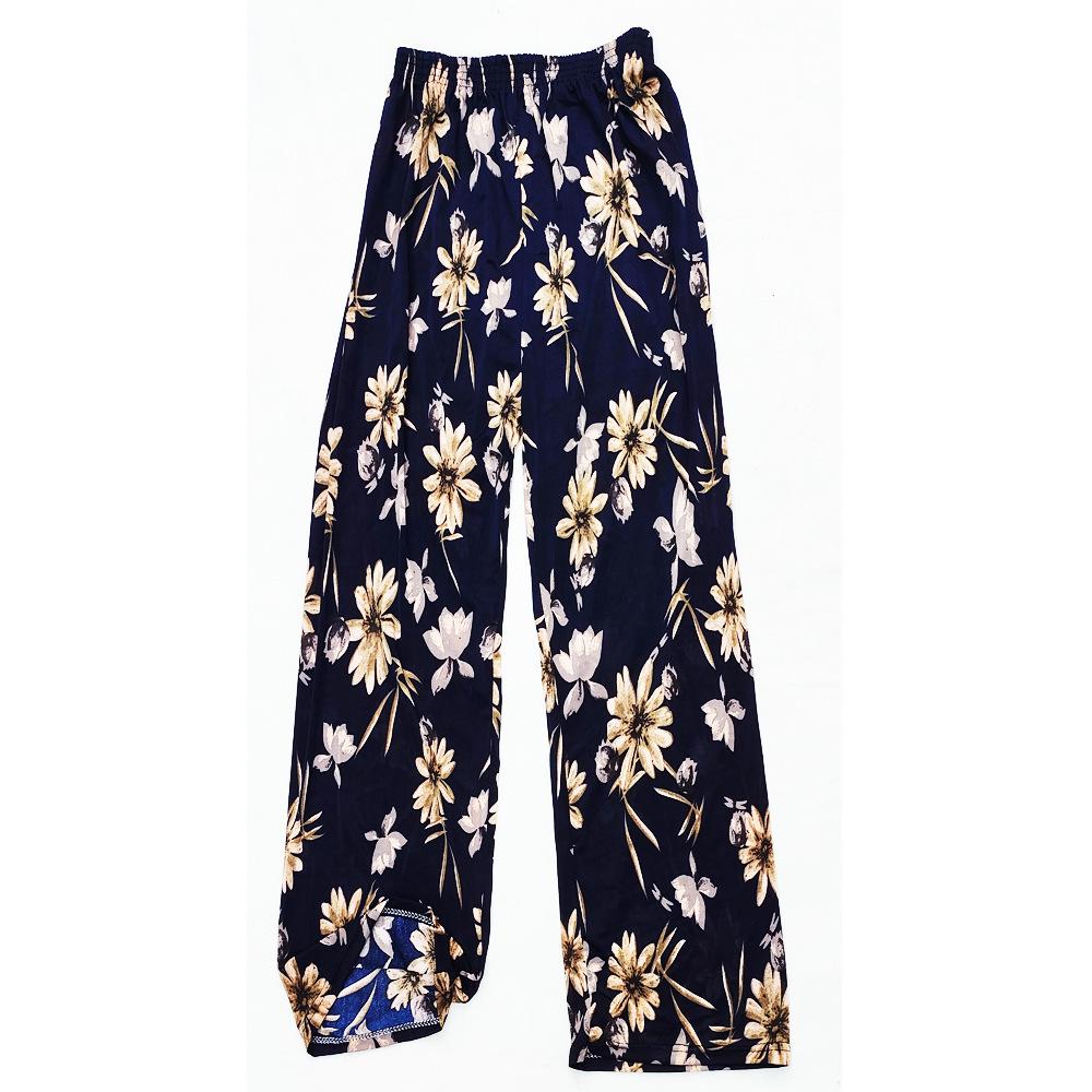 Plus Size Breathable Floral Nine-Point Pants for Mid-Aged and Elderly Women - Summer Ice Silk, Loose Straight Leg Design