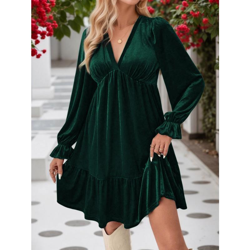 Women Elegant Velvet V Neck Long Sleeve High Waist A Line Short Dress