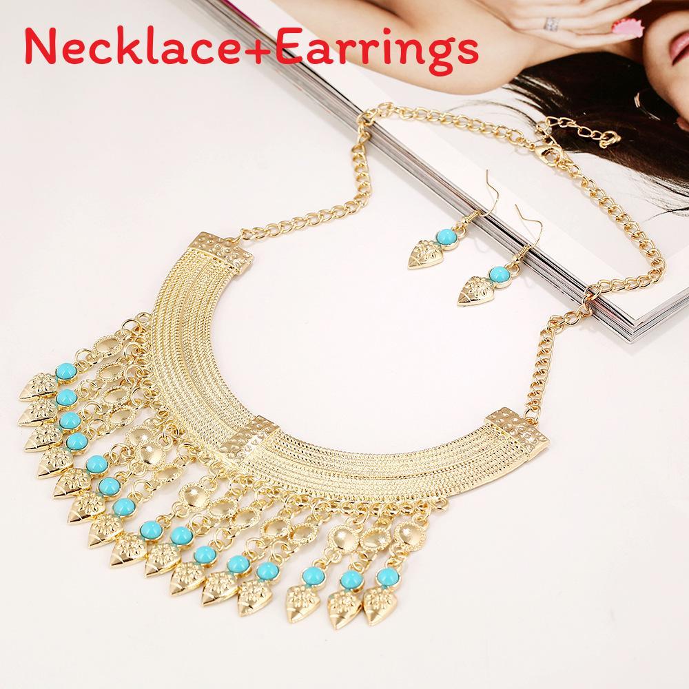 Necklace Fashion Tassel Eardrop Set With Layered Chain And Details Gemstone