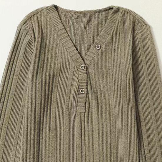Women Autumn Tops Long Sleeve V-Neck Knitting Tops Solid Color Ribbed Casual Knitting Shirt Daily Wear