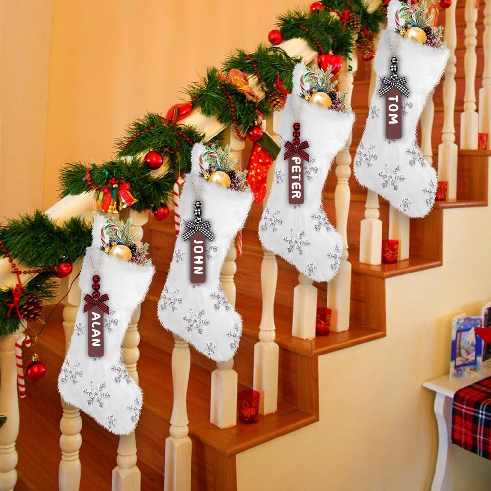 XIMISHOP 4PCS White Christmas Stockings, Large Xmas Glitter Snowflake Plush Hanging Stocking Decoration with Name Tags for Christmas Holiday Family