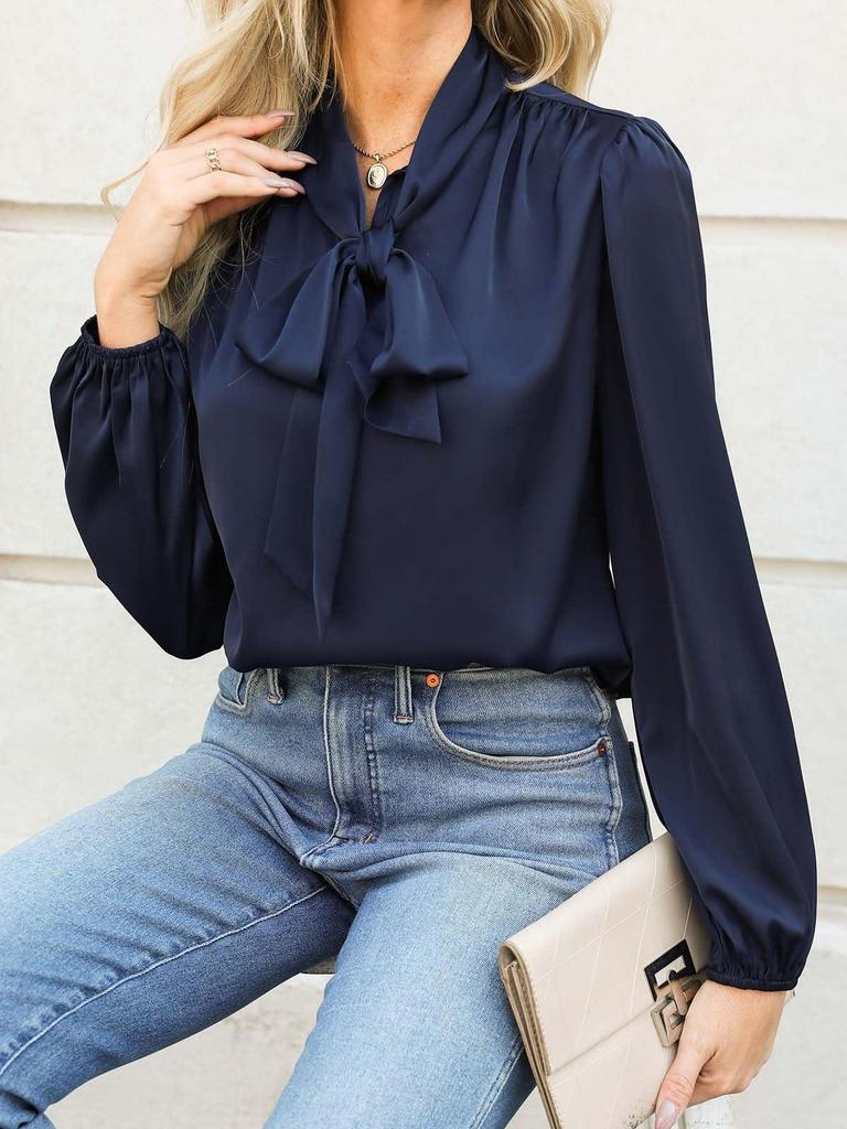 Women's Long Sleeve Satin High Neck Bow Top