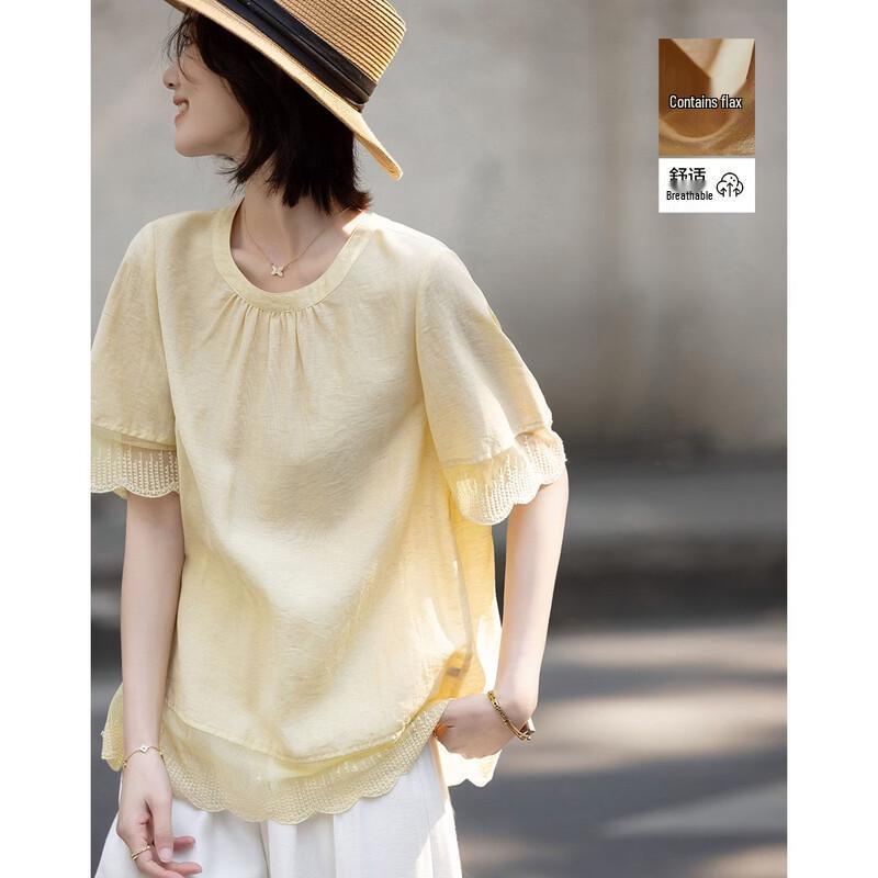 Demana Linen Blend Pleated Round Neck Blouse L