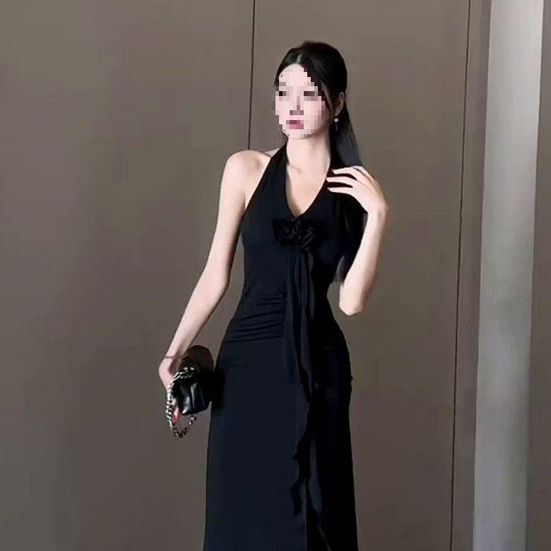 French Elegant Red Neck Suspender Dress Women's Summer New Spice Girl Sexy Backless Temperament Waist Long Dress
