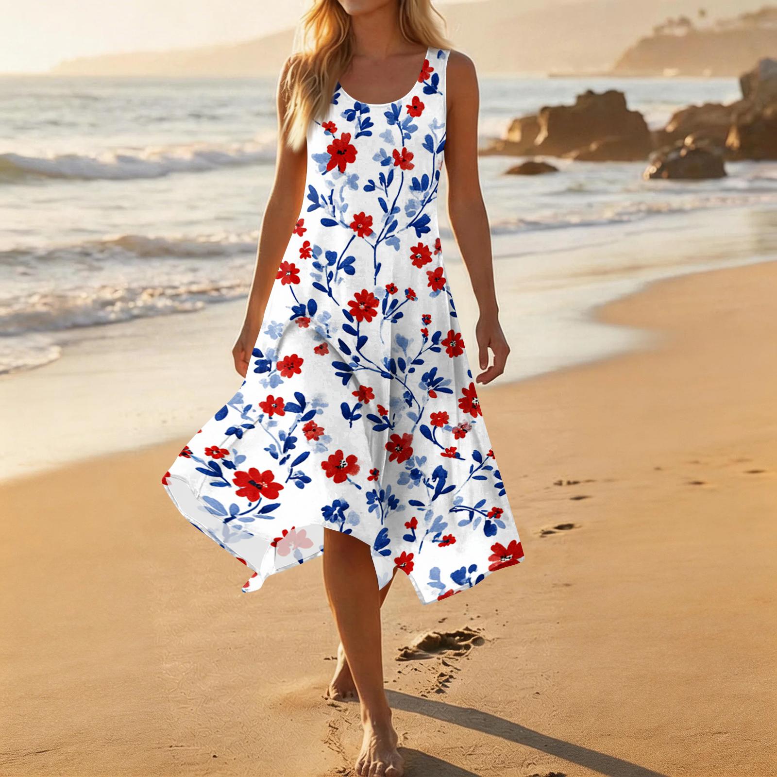 Women s Casual Fashion Round Neck Sleeveless Floral Print Midi Dress with Irregular Hem L