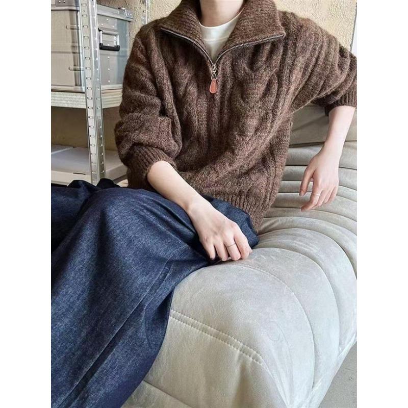 

Винтажный свитер с косами на двойной молнии, женский, в стиле ленивого ветра, мягкий ворсистый плюшевый, крупной вязки One size