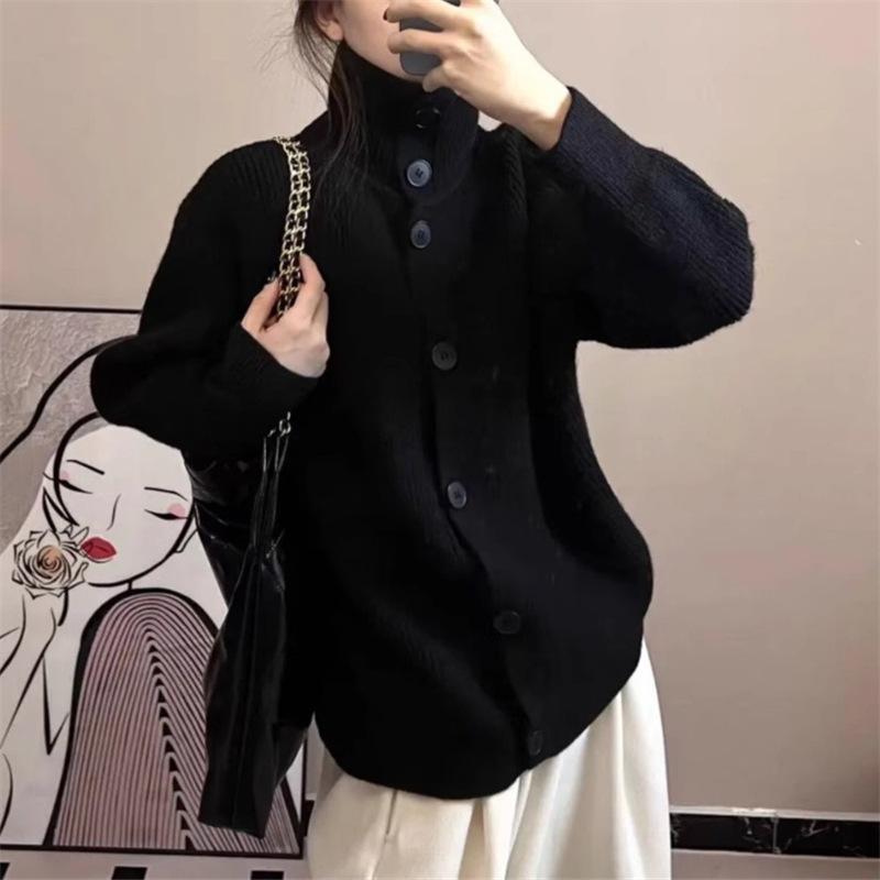 Turtleneck single-breasted solid-color long-sleeved sweater jacket women's loose autumn and winter lazy solid-color large-size knitted cardigan
