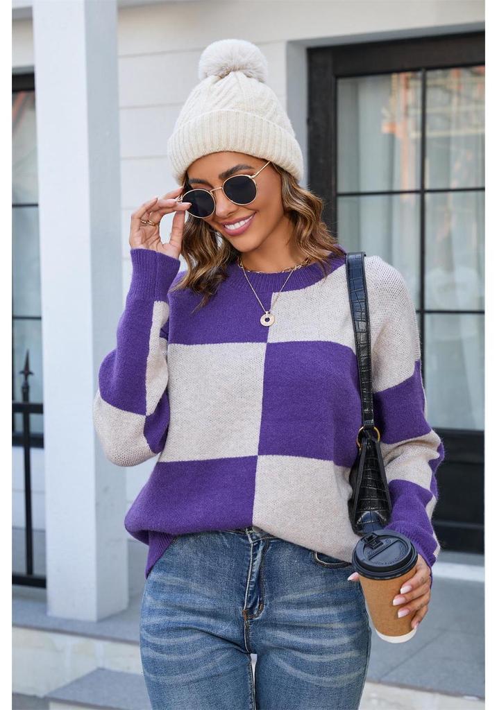 New 2026 Autumn/Winter Women's Plaid Color Block Round Neck Knit Pullover