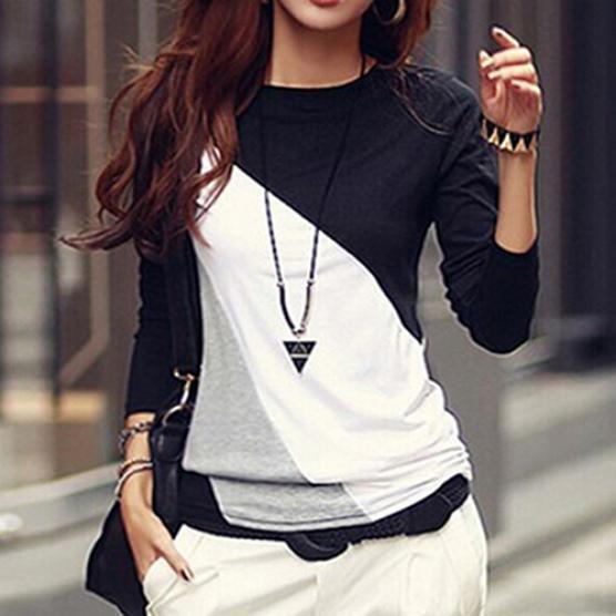 Korean Fashion Women Style Autumn Slim Fit Color Block Blouse Long Sleeve Shirt