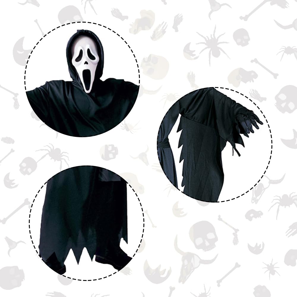 MUXIU Grim Reaper Cosplay Costume for Includes and Halloween Skeleton Horror Costume Perfect for School and Unisex Kids, Cloak, Mask, Hood, Costume,