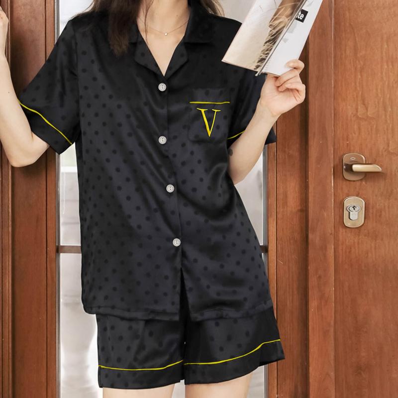 2025 Summer Pajamas for Women Fashion Short Sleeve Tops and Shorts 2 Piece Set Silk Sleepwear Elegant Heart Print Black Satin Pyjamas Young Girl