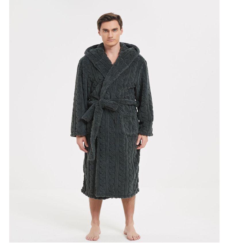 Large Cotton Velvet Jacquard Hooded Men's Nightgown - European & American Style, Thickened for Autumn/Winter, Unisex.